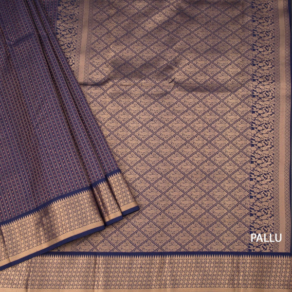 Dark Blue Soft Silk Saree With Vertical Design On The Body And Temple Zari Border