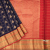 Navy Blue Silk Saree Checks With Peacock Design And Gold Zari Border