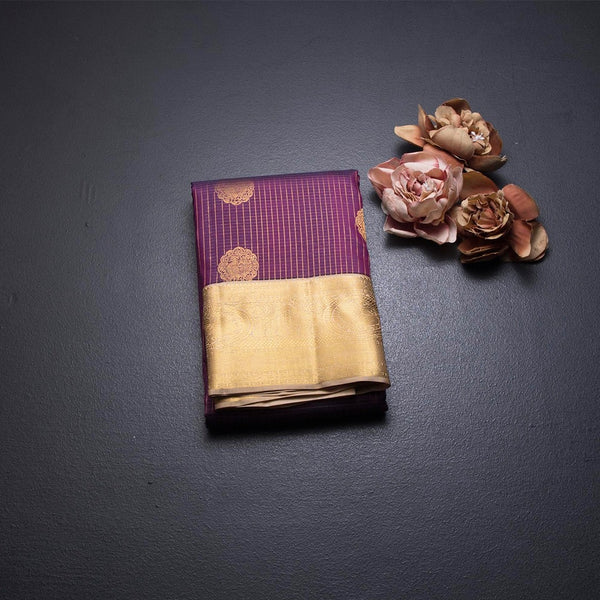 Purple Zari Checked Soft Silk Saree With Peacock Design and Gold Zari Border