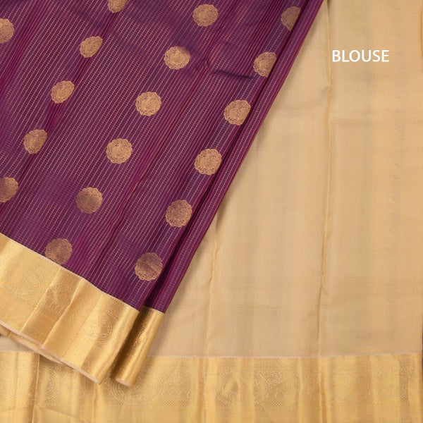 Purple Zari Checked Soft Silk Saree With Peacock Design and Gold Zari Border