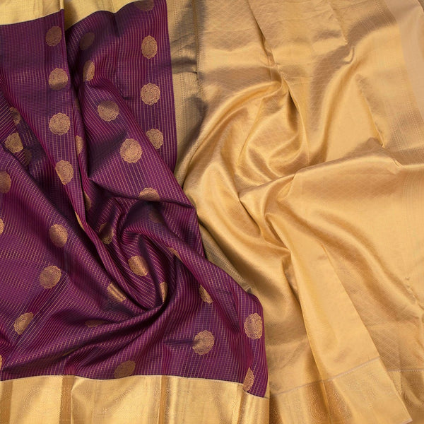 Purple Zari Checked Soft Silk Saree With Peacock Design and Gold Zari Border