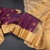 Purple Zari Checked Soft Silk Saree With Peacock Design and Gold Zari Border