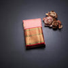 Peach Silk Saree Checks With Peacock Design And Gold Zari Border