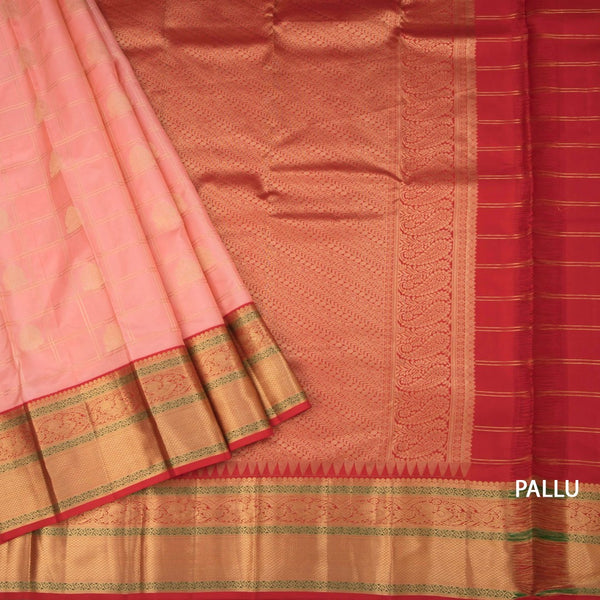 Peach Silk Saree Checks With Peacock Design And Gold Zari Border