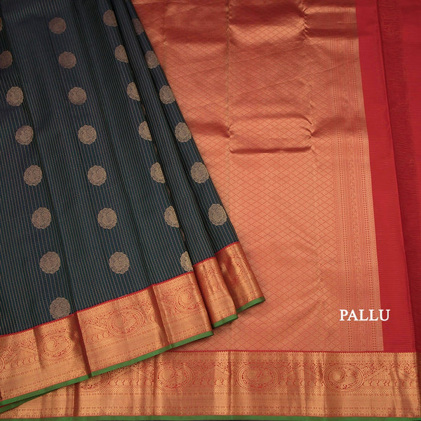 Dark Green Zari Checked Soft Silk Saree With Peacock Design and Gold Zari Border