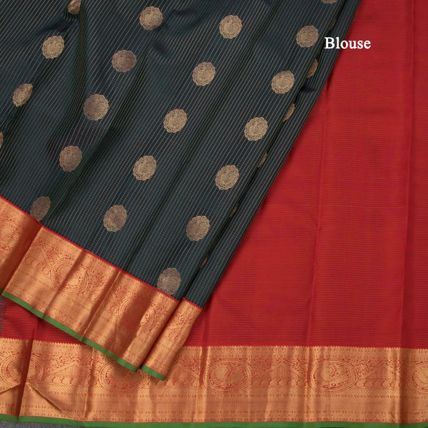 Dark Green Zari Checked Soft Silk Saree With Peacock Design and Gold Zari Border