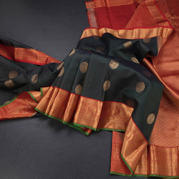 Dark Green Zari Checked Soft Silk Saree With Peacock Design and Gold Zari Border