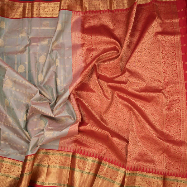 Shot Colour Silk Saree Checks With Peacock Design And Gold Zari Border