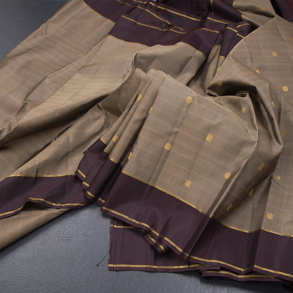 Brown Silk Saree With Peacock And Chakra Buttas And Simple Border