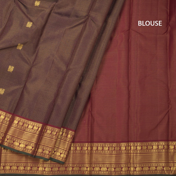 Vairaoosi Dark Brown Silk Saree With Peacock And Chakra Buttas And Gold Zari Border