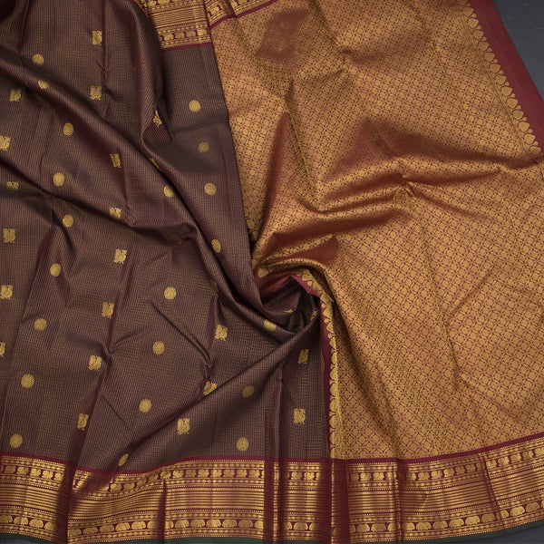 Vairaoosi Dark Brown Silk Saree With Peacock And Chakra Buttas And Gold Zari Border