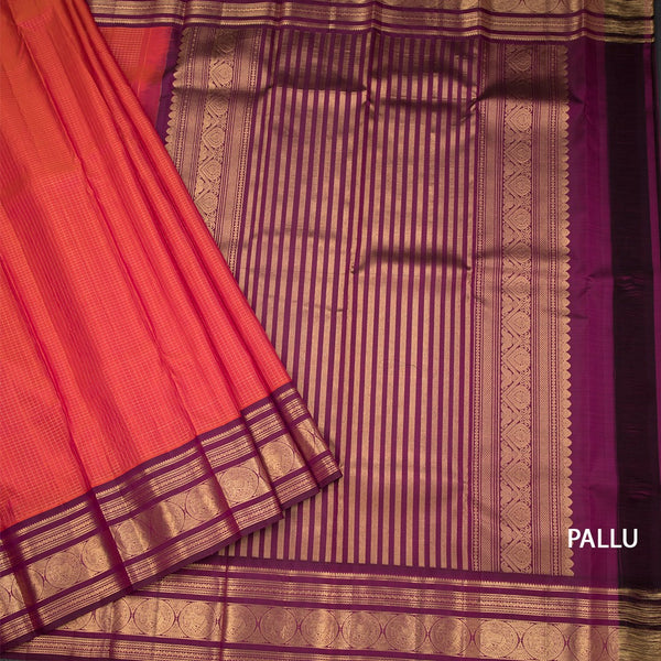 Shot Colour Checked Silk Saree With Peacock And Chakra Buttas And Zari Border