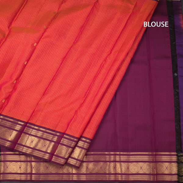 Shot Colour Checked Silk Saree With Peacock And Chakra Buttas And Zari Border