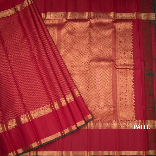 Red Checked Silk Saree With Peacock Self Border