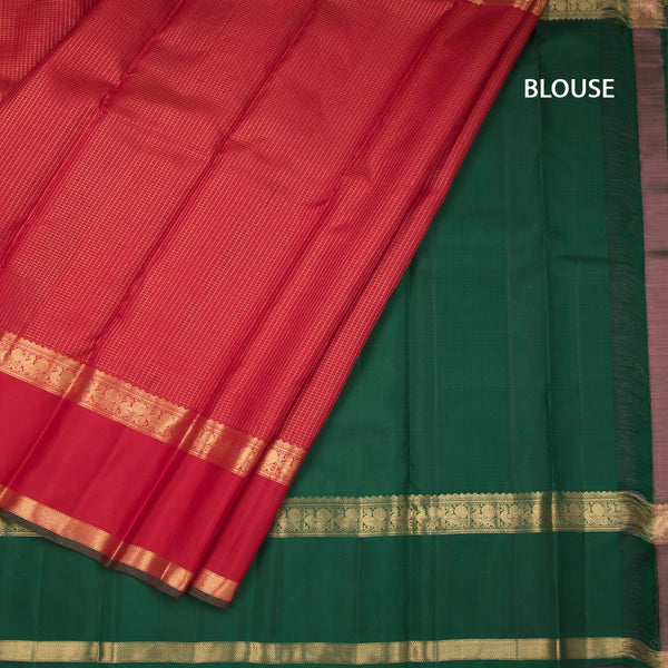 Red Checked Silk Saree With Peacock Self Border