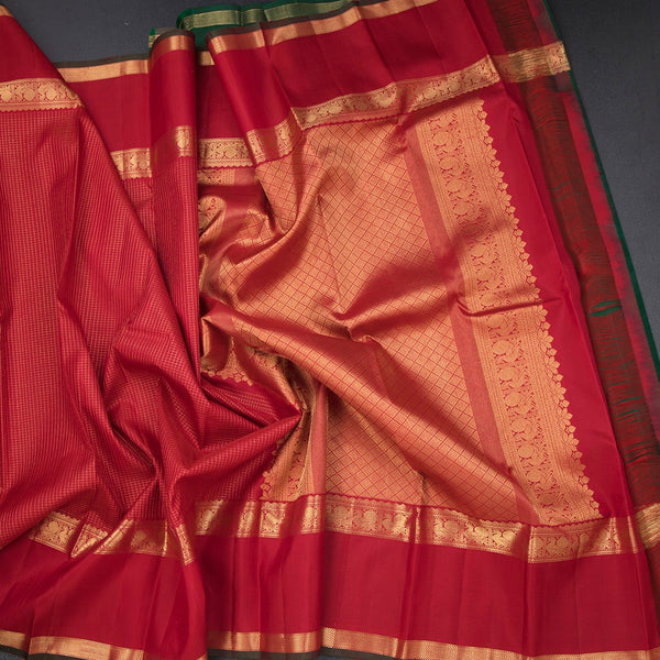 Red Checked Silk Saree With Peacock Self Border