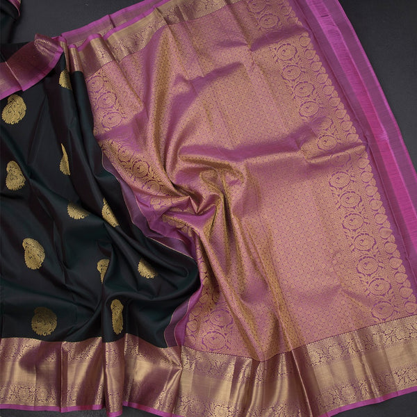 Shot Colour Silk Saree With Peacock Design On The Body And Gold Zari Border