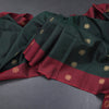 Bottle Green Soft Silk Saree With Floral Buttas And Maroon Border