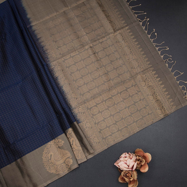 Navy Blue Checked Soft Silk Saree With Contrast Border