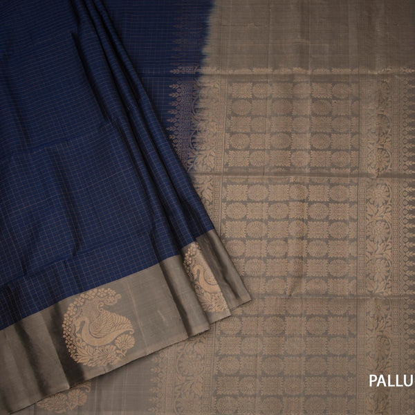 Navy Blue Checked Soft Silk Saree With Contrast Border
