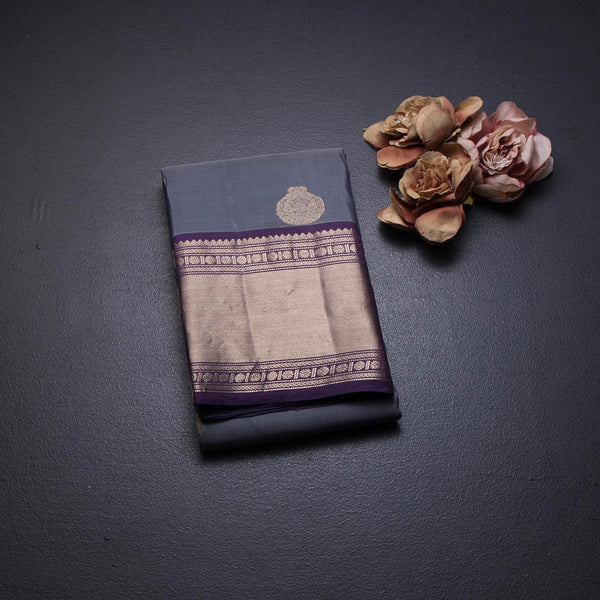 Grey Silk Saree With Peacock Design And Rettapet Border