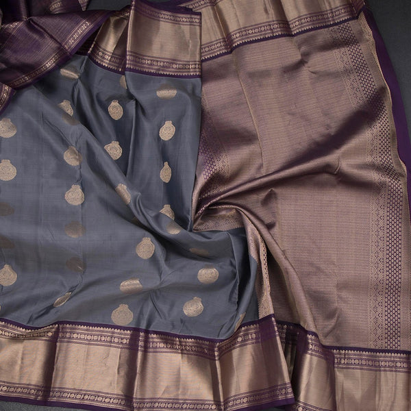 Grey Silk Saree With Peacock Design And Rettapet Border