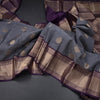 Grey Silk Saree With Peacock Design And Rettapet Border
