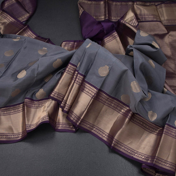 Grey Silk Saree With Peacock Design And Rettapet Border