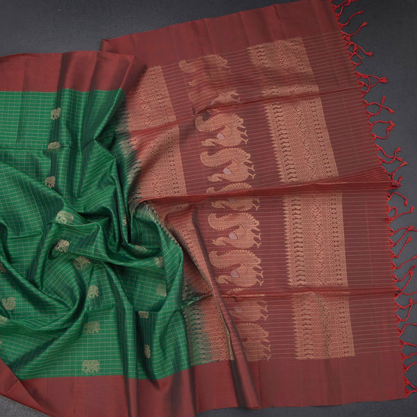 Green Checked Soft Silk Saree With Elephant Buttas And Maroon Border