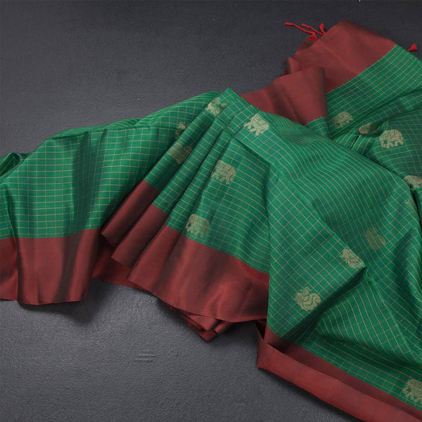 Green Checked Soft Silk Saree With Elephant Buttas And Maroon Border