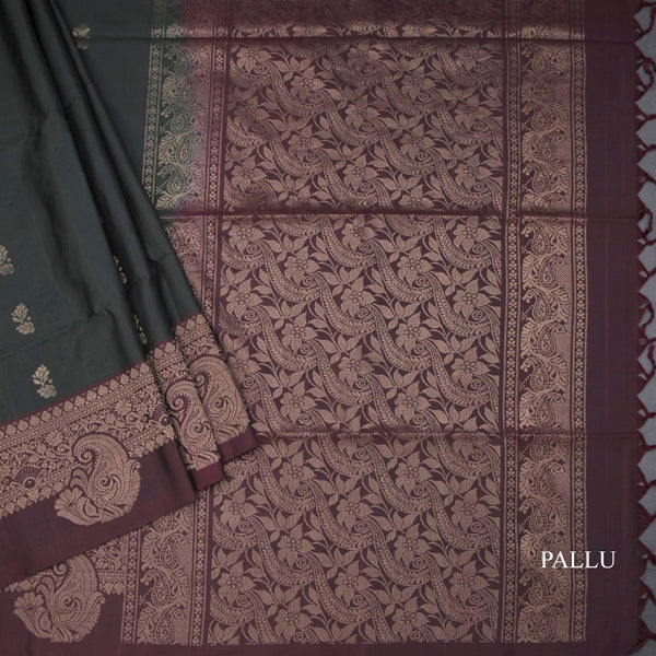 Bottle Green Soft Silk Saree With Floral Buttas And Brown Border