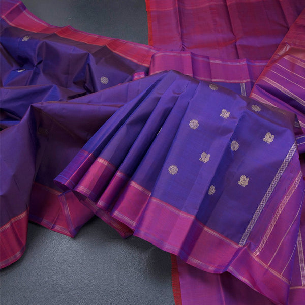 Purple Silk Saree With Peacock And Chakra Buttas And Stripes Border
