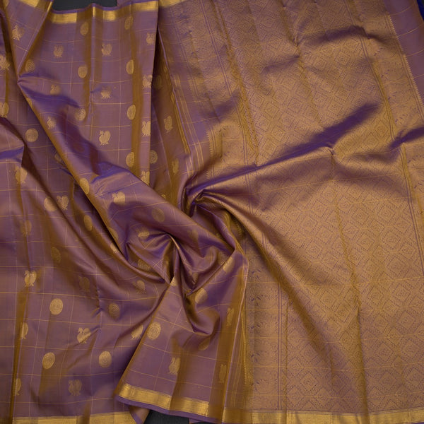 Shot Colour Checked Silk Saree With Peacock And Chakra Buttas And Ribbon Border