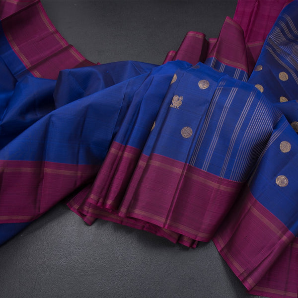 Dark Blue Silk Saree With Peacock And Chakra Buttas