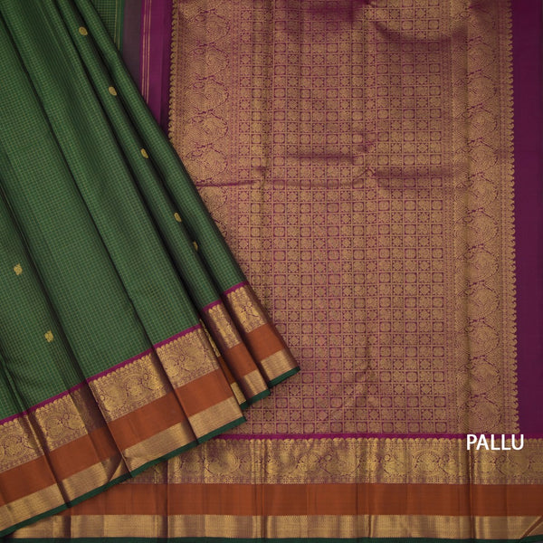 Green Micro Checked Silk Saree With Peacock And Chakra Buttas