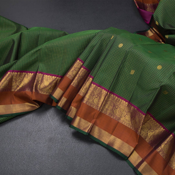 Green Micro Checked Silk Saree With Peacock And Chakra Buttas