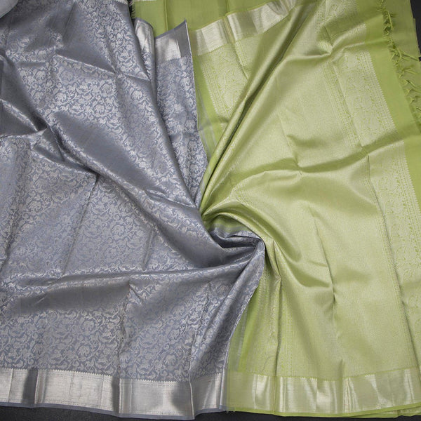 Grey Brocade Silk Saree In Silver Zari And Zari Border