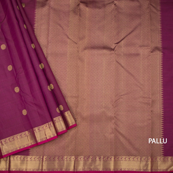 Dark Pink Striped Silk Saree With Floral Buttas And Zari Border