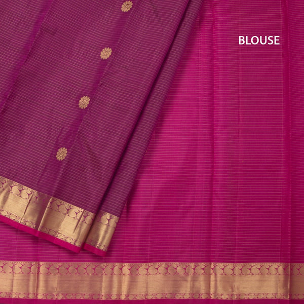 Dark Pink Striped Silk Saree With Floral Buttas And Zari Border