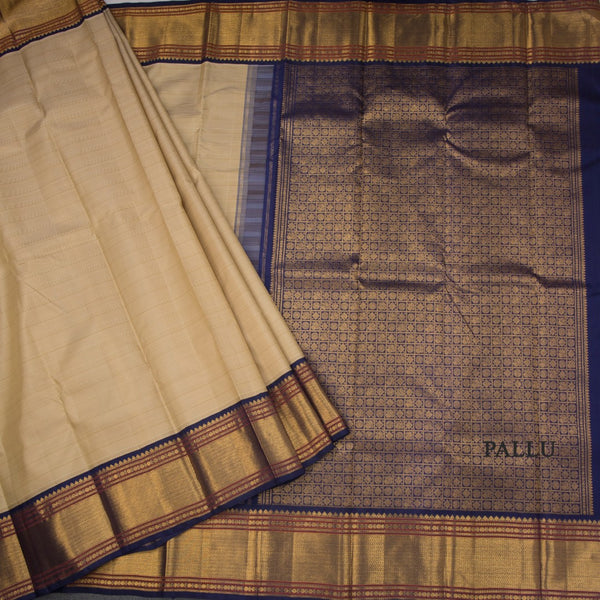 Beige Silk Saree With Stripes Design And Zig Zag Zari Border