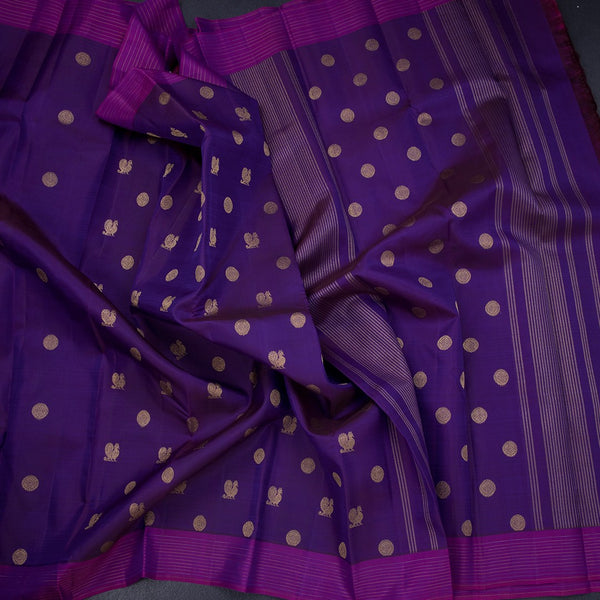 Purple Silk Saree With Peacock And Chakra Buttas And Stripes Border 02