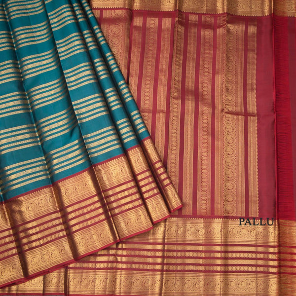 Peacock Green Silk Saree With Stripes Multi Design And Red Zari Border