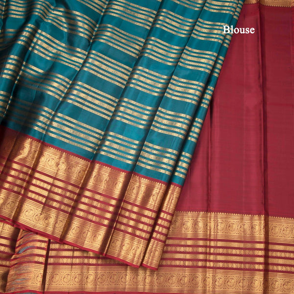 Peacock Green Silk Saree With Stripes Multi Design And Red Zari Border