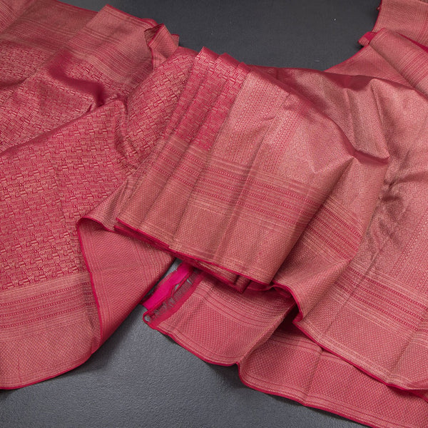 Dark Pink Zari Worked Silk Saree With Lines Design On The Body