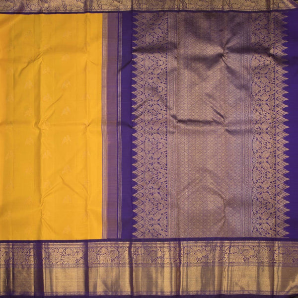 Mango Yellow Silk Saree With Love Birds Design And Purple Zari Border