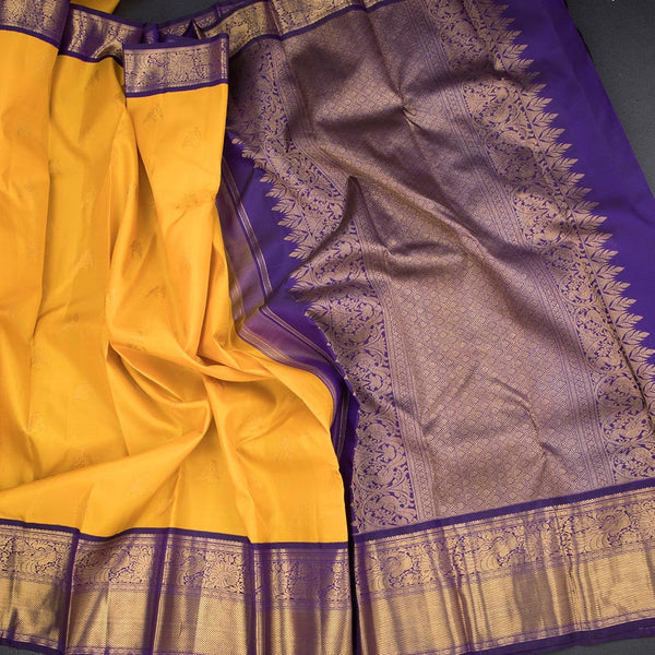 Mango Yellow Silk Saree With Love Birds Design And Purple Zari Border