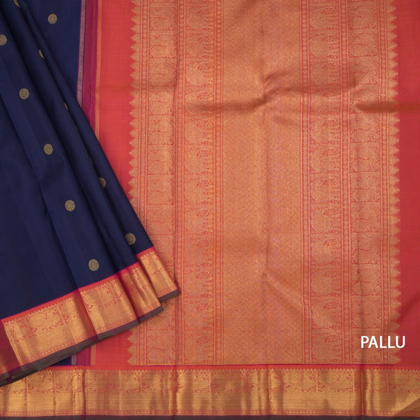 Navy Blue Silk Saree With Chakra Buttas And Gold Zari Border