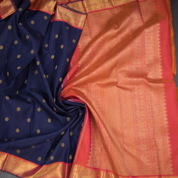 Navy Blue Silk Saree With Chakra Buttas And Gold Zari Border