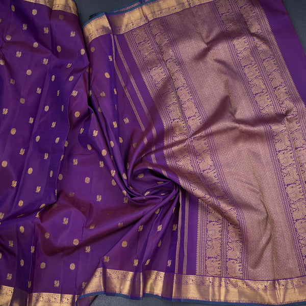 Purple Silk Saree With Peacock And Chakra Buttas And Gold Zari Border 02