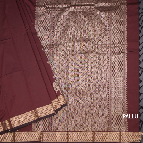 Semi Silk Maroon Saree With Floral And Tree Design And Zari Border